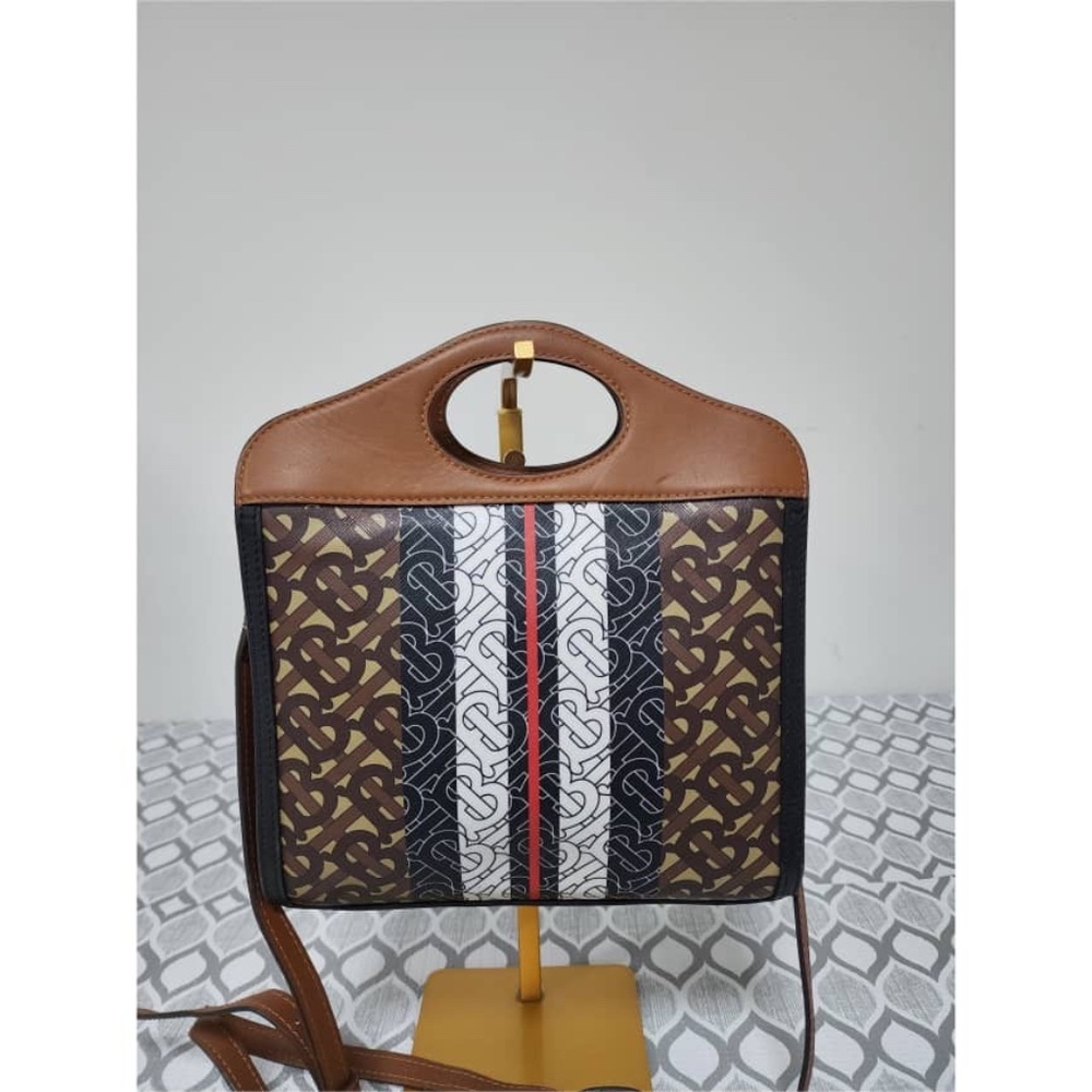Authentic BURBERRY Pocket Mini Monogram Stripe E-Canvas Shoulder Bag Brown/Black - Picture 14 of 15